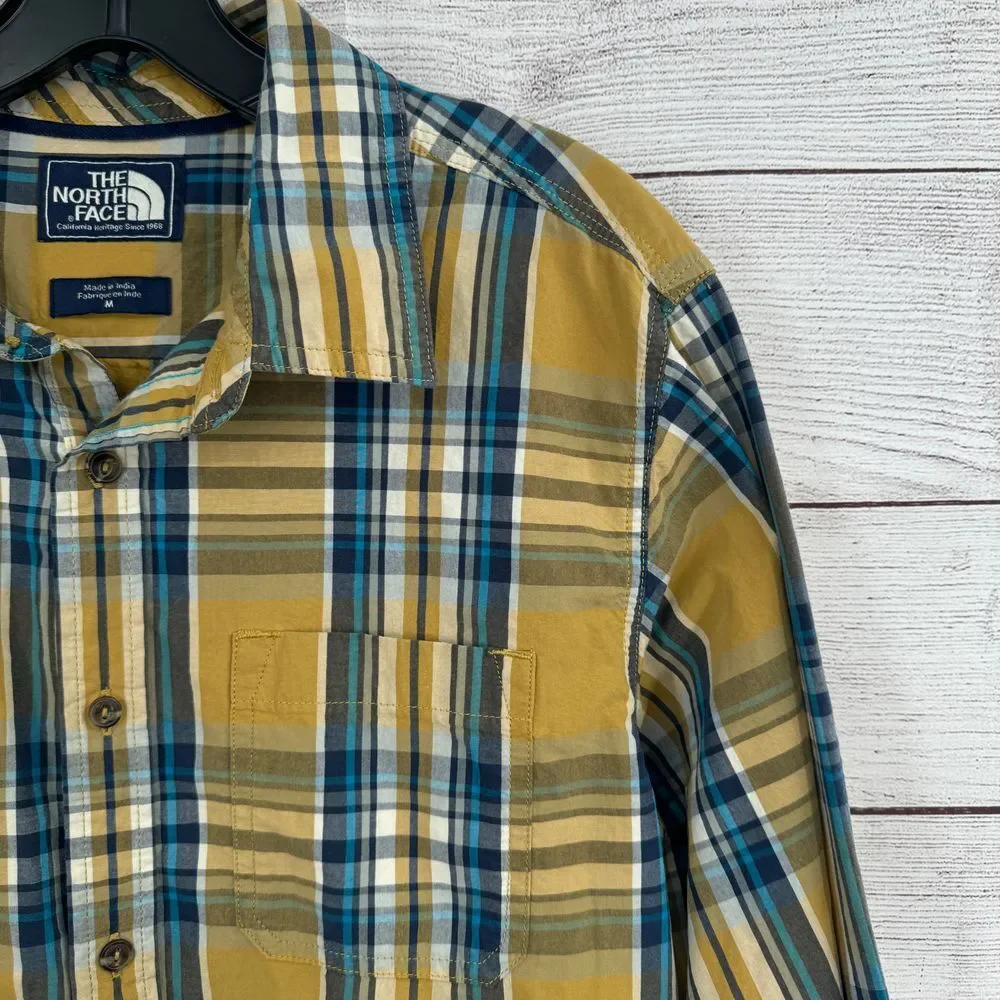 The North Face Plaid Button‎ Down Casual Shirt Yellow Blue Cotton Long Sleeve M